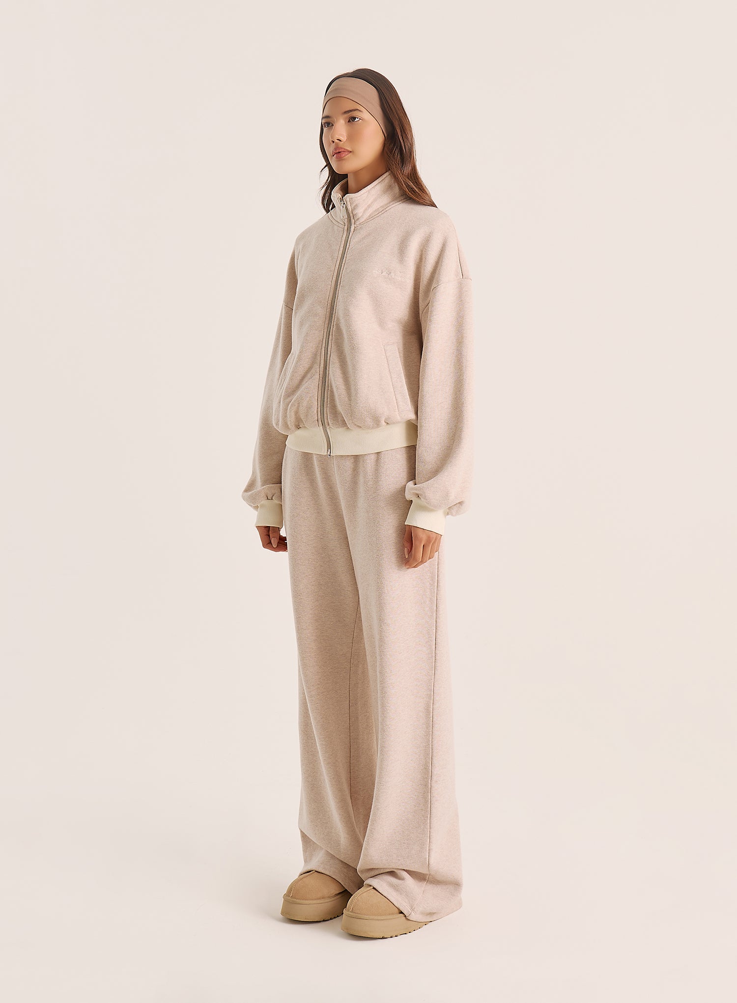 Oatmeal Logo Detail Ribbed Cuff Zip Sweatshirt